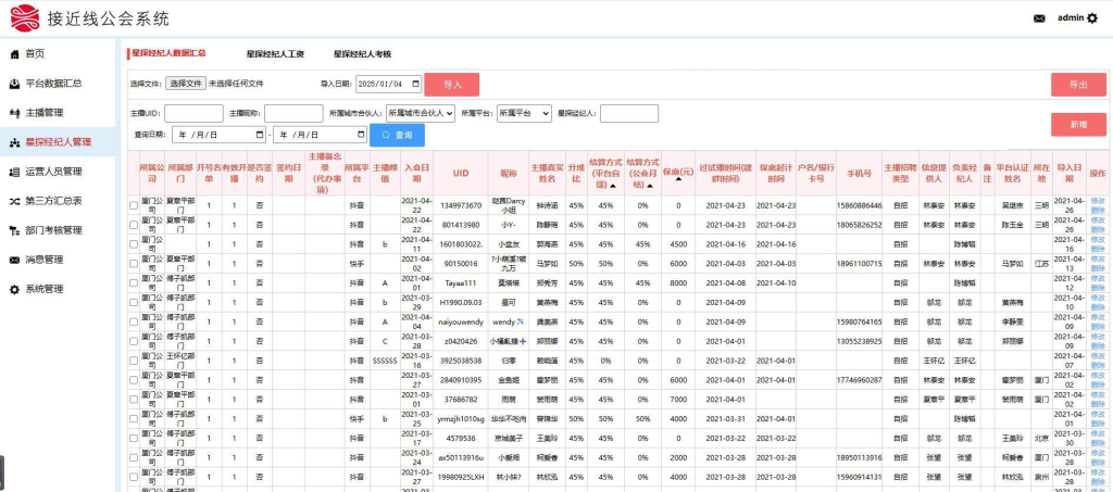 工会系统抖音快手等多平台主播分红分润系统星探经纪人城市合伙人多角色管理系统分红统计系统