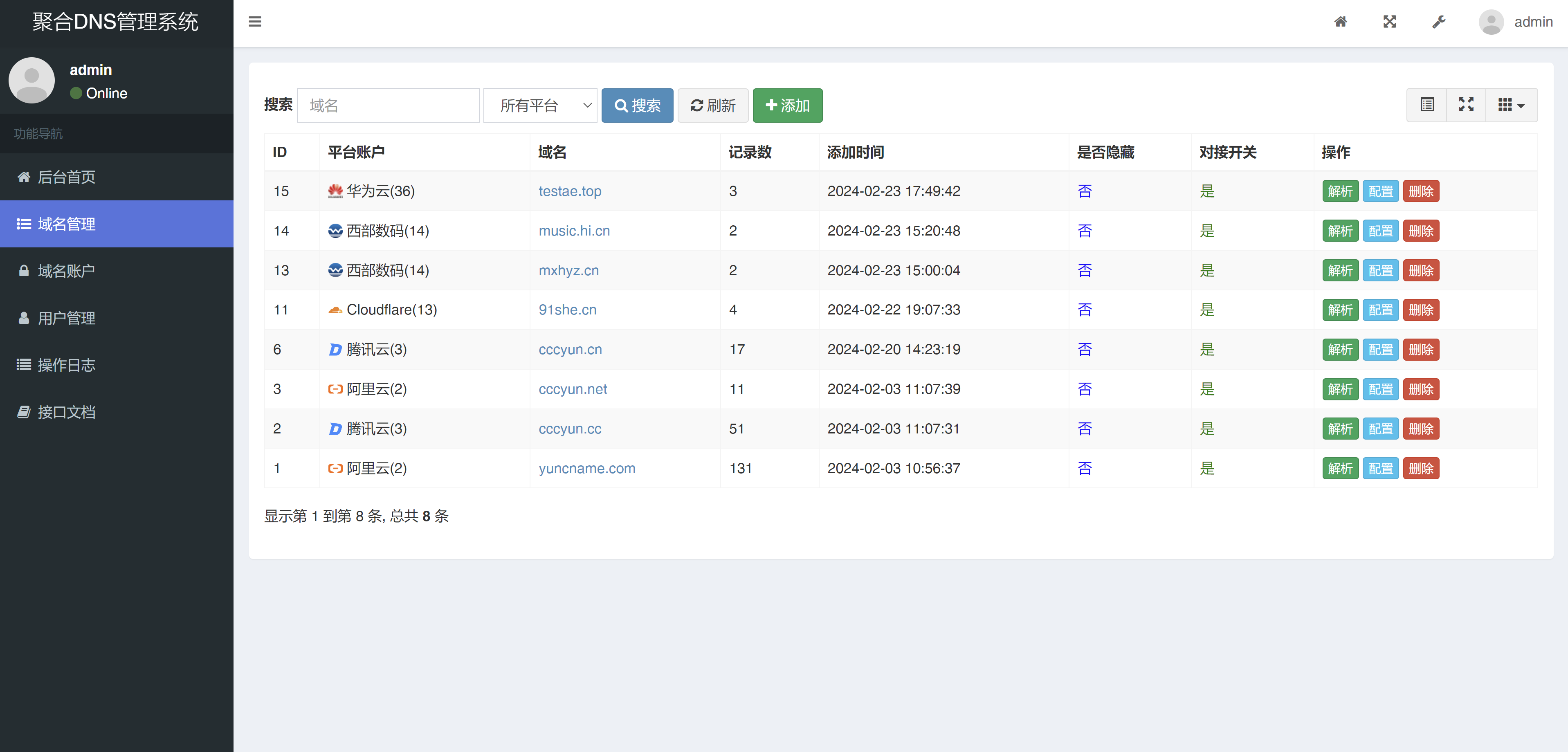 聚合DNS管理系统v2.8 (一个网站管理多个平台的域名解析+多用户+API接口)